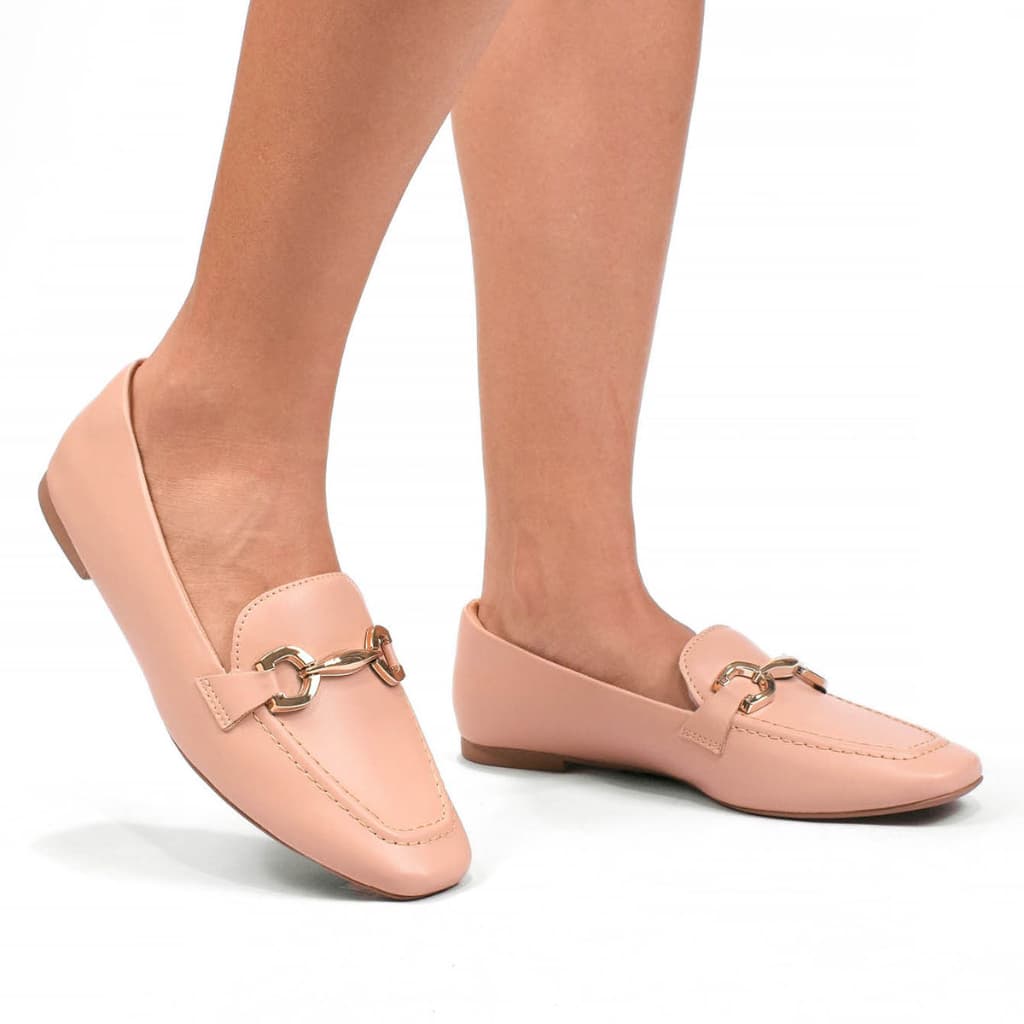 Sapato Mocasim Feminino Bico Quadrado Com Enfeite Dourado Sandalia Casual Confort Lexie