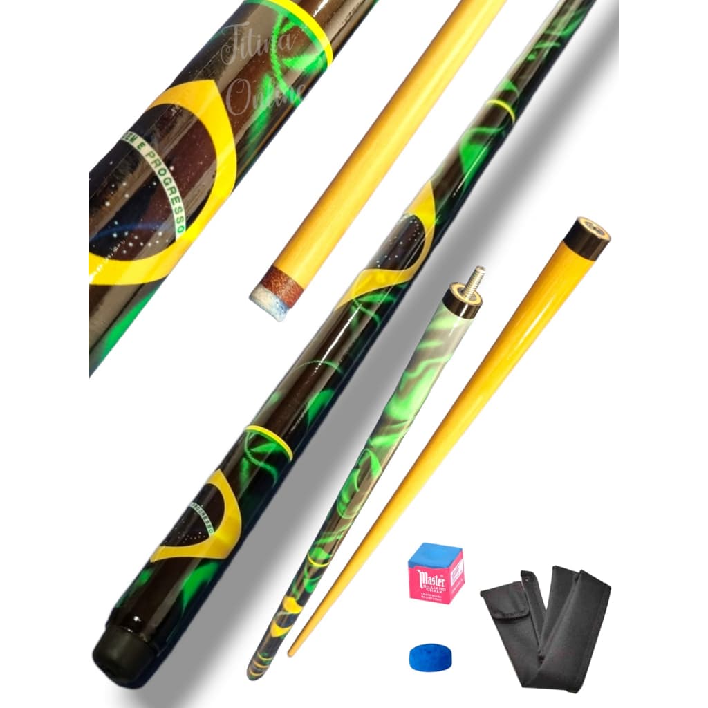 Taco de Sinuca/Bilhar Profissional de Rosca Desmontável + Sola + Giz Master + Capa de proteção Modelo Bandeira do brasil