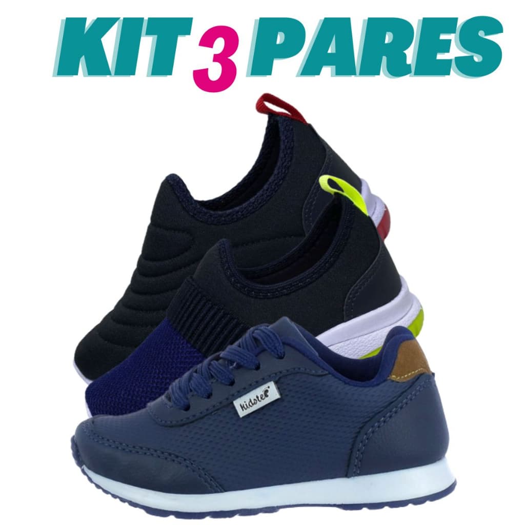 Kit 3 Pares de Tenis Infantil Calce Facil Bordado e Jogging Marinho