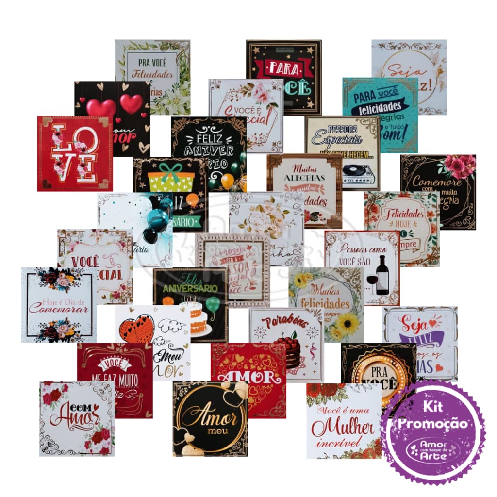 Kit 30/60/90/120 Cartões de Felicitações Amor / Aniversário / Pessoas Queridas 6,3 x 6,3cm com Envelope, Agência de Idei