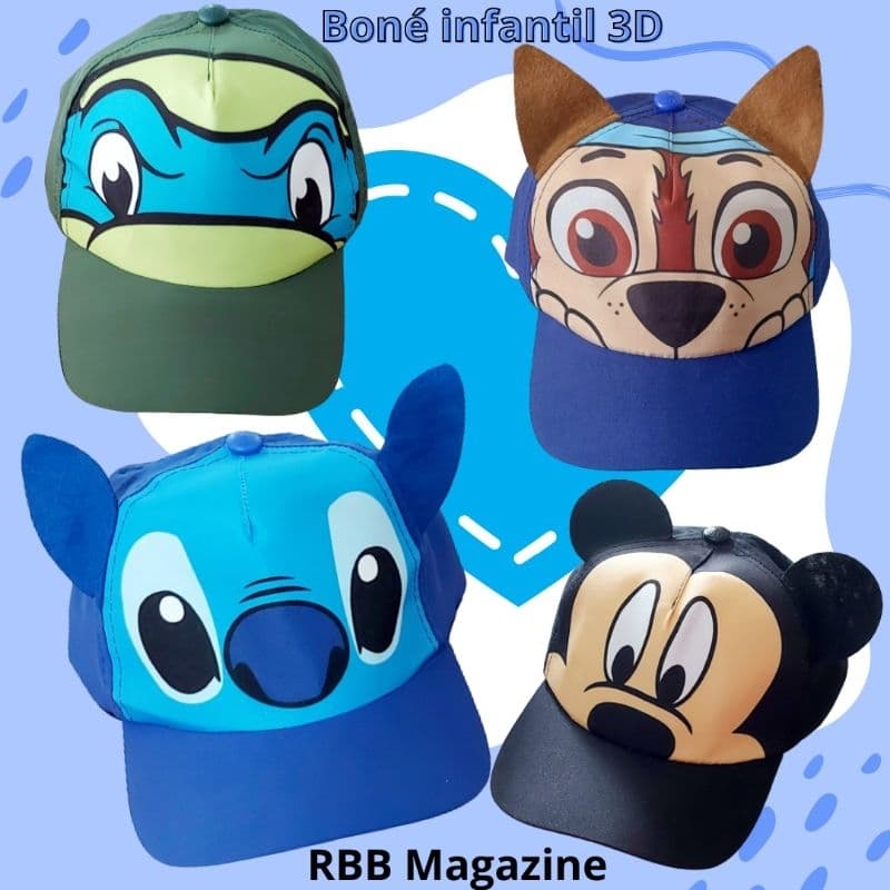 Boné infantil Tartaruga ninja, stitch, sonic, pikachu, chase 3d