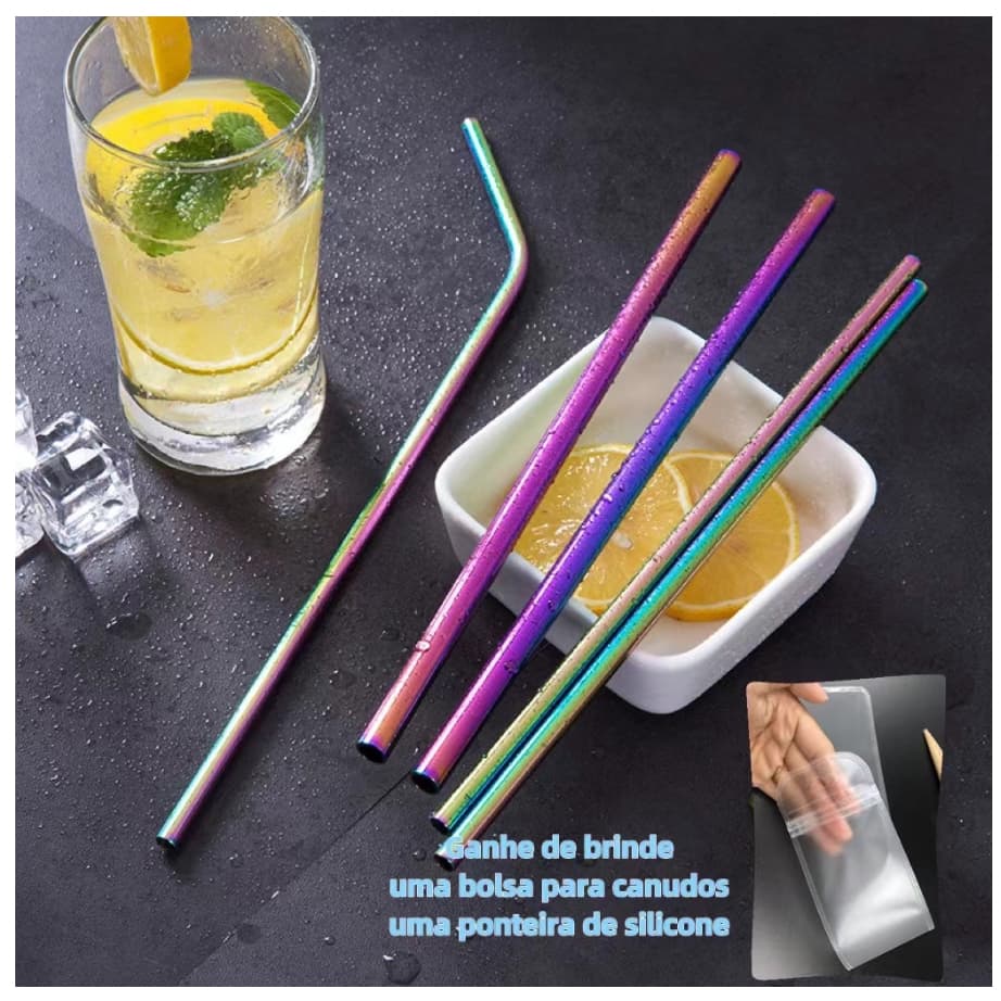Kit Com 2 Canudos Coloridos furta cor Aço Inox Metal Reutilizável+ Escova+capa+Bico silicone sustentável ecológico