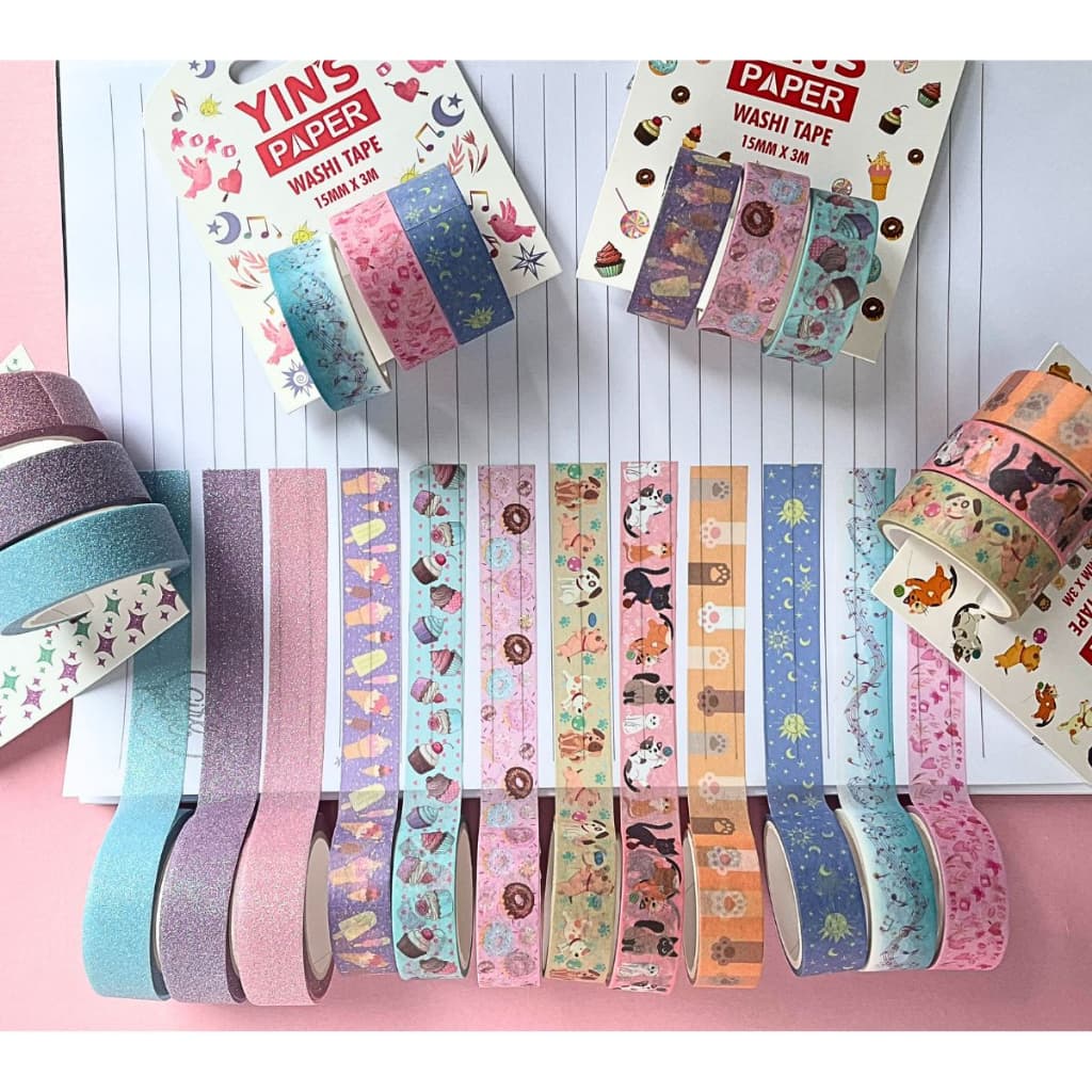 Kit 12 Rolos de Fita Adesiva Decorada Washi Tape 15mm x 3 Metros Com Glitter, Pets, Doces e Fofo