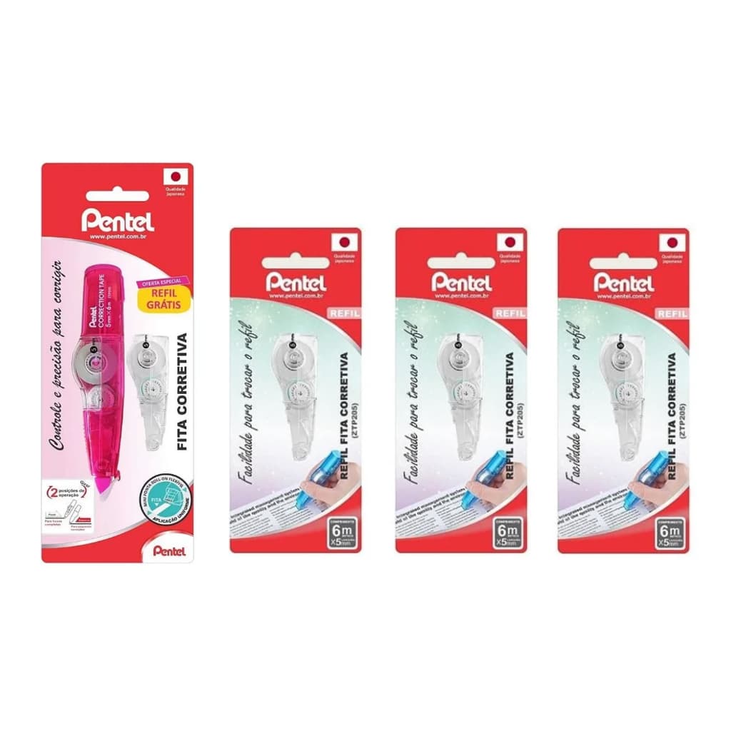 Fita Corretiva Pentel Rosa + 4 Refis