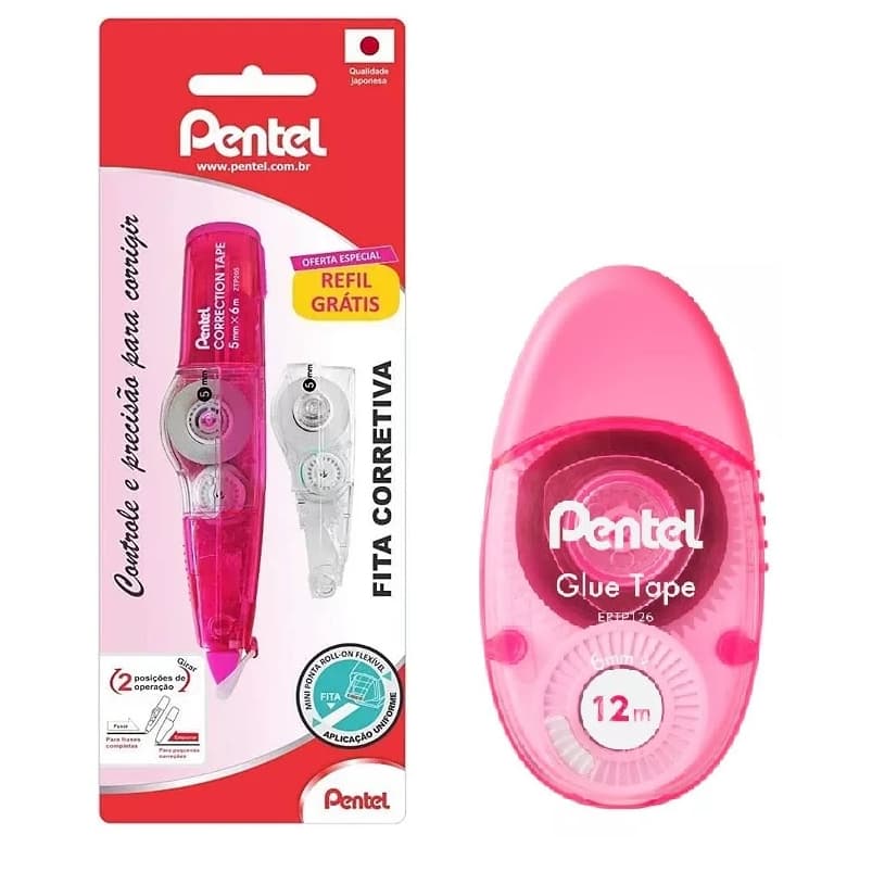 Pentel Fita Corretiva Rosa + Refil E Cola Em Fita