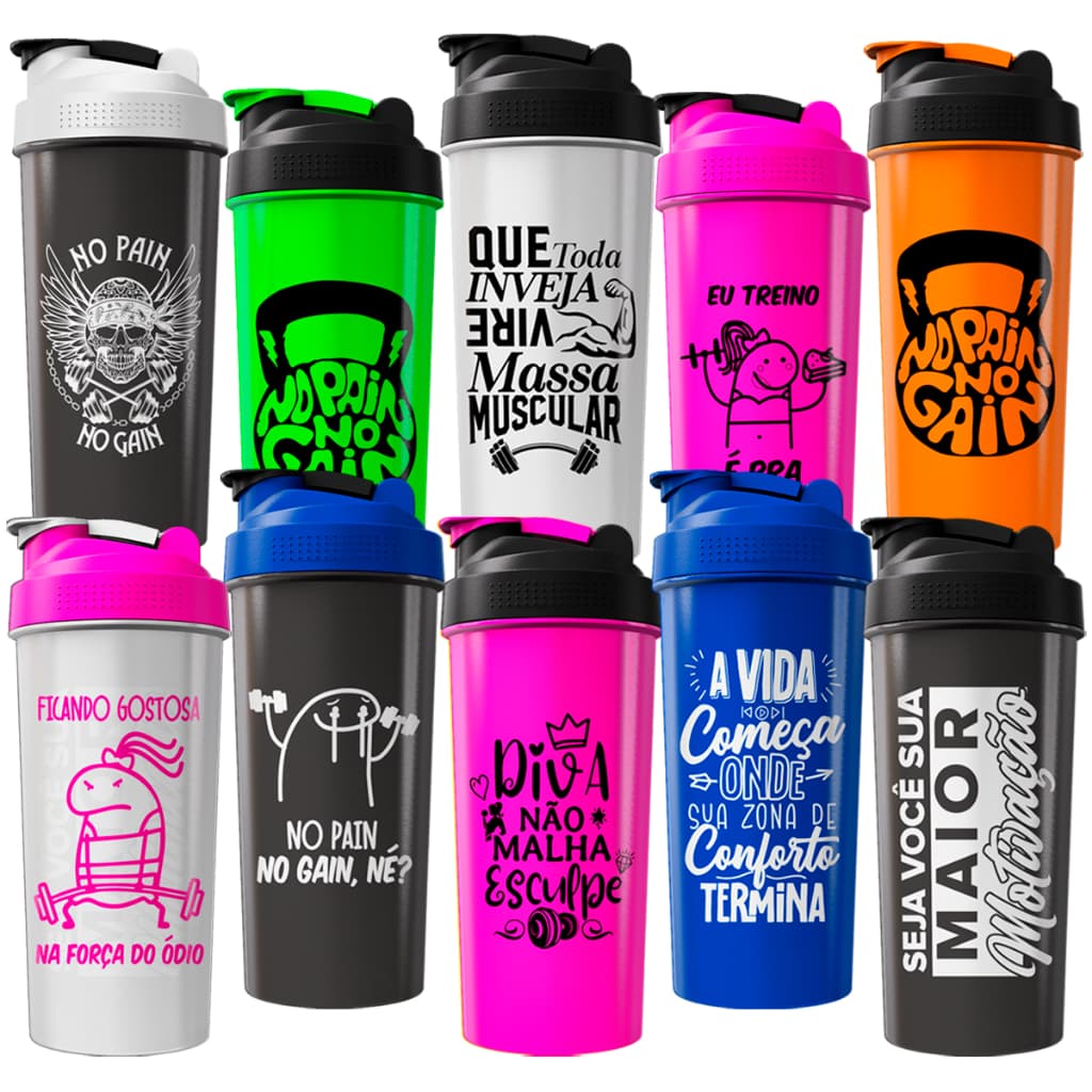 Kit 10 Coqueteleira 600ml Academia Preço Atacado Estampas Sortidas