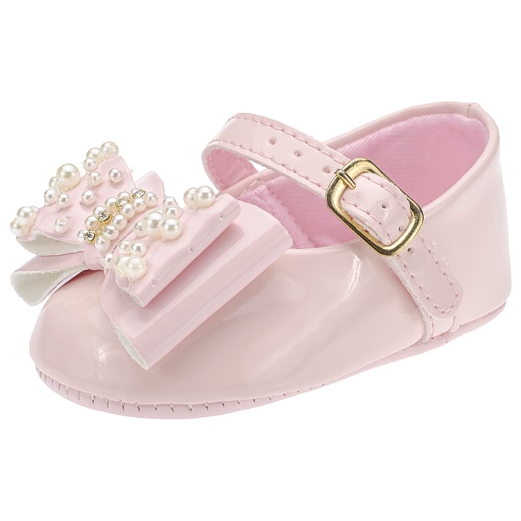 Sapatilha bebê com laço em pérolas verniz batizado