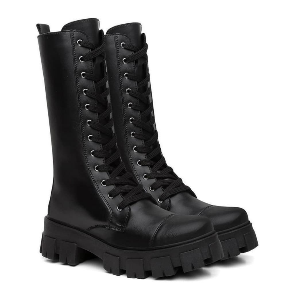 Bota Coturno Feminino Tratorado Cano Longo Alto Blogueira Militar