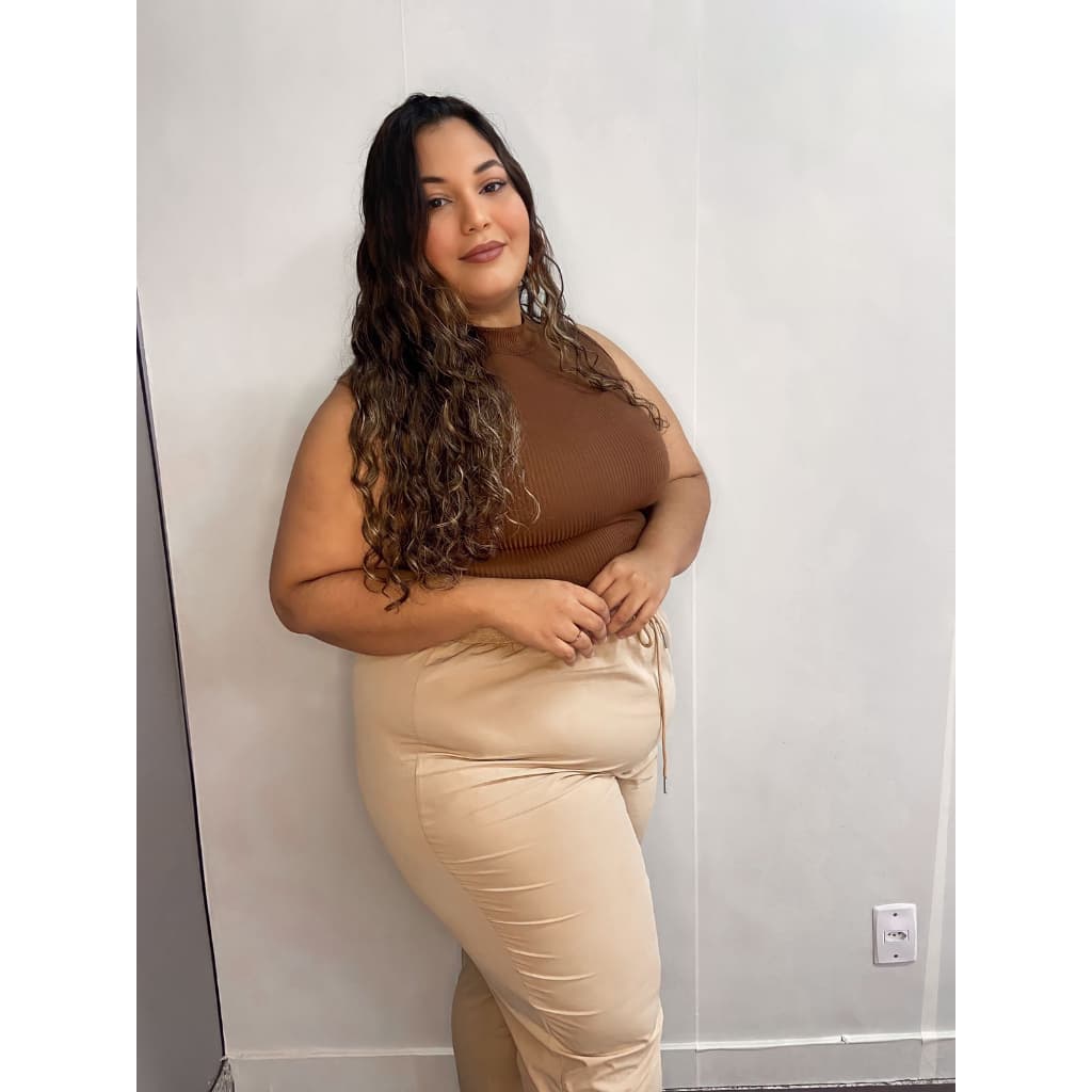 Blusa Feminina Plus Size Gola Alta Lisa Malha Canelada Regata Garrafinha - BLNP