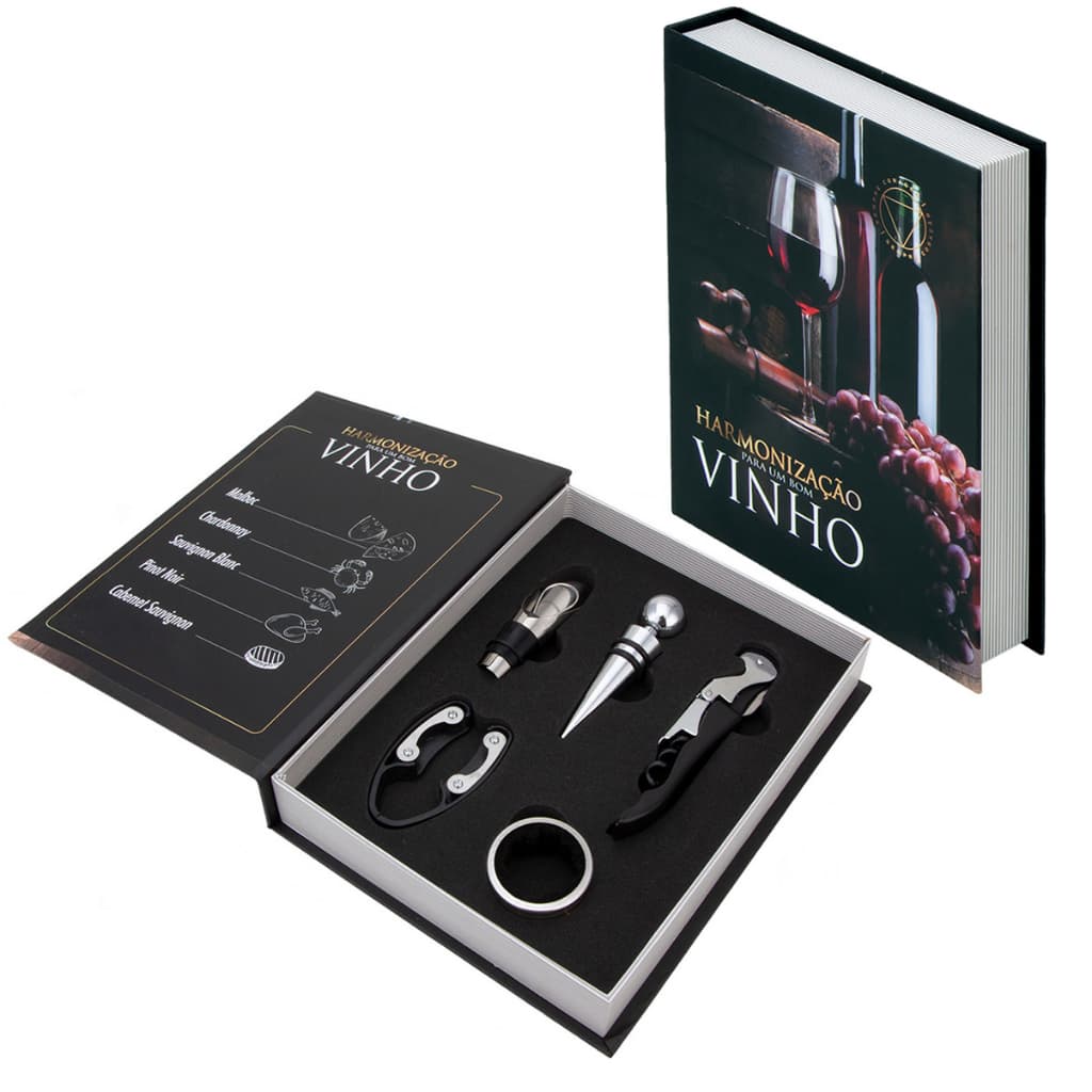 Kit Vinho Abridor Saca Rolhas Tampa Dosador Livro 05 Peças