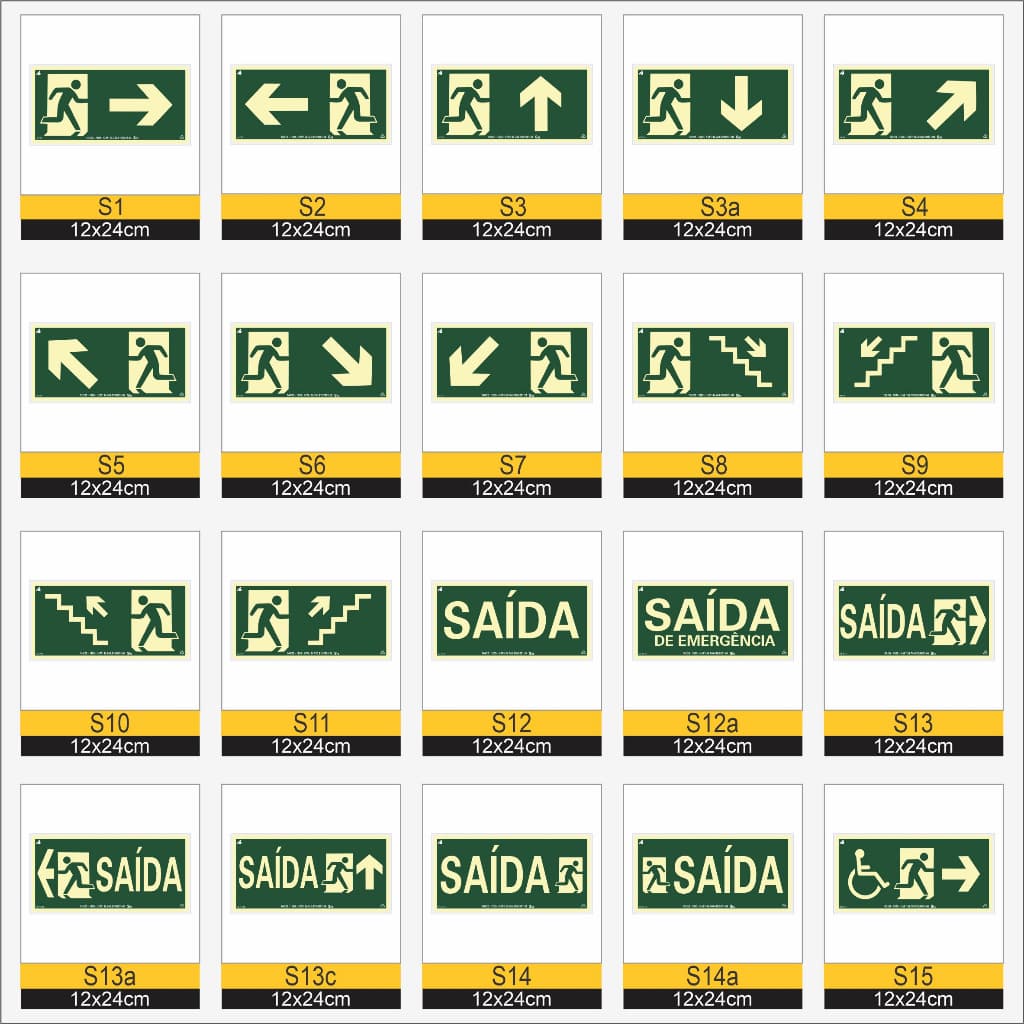 Kit 5 Placas de Sinalização de Emergência Fotoluminescente Antichamas