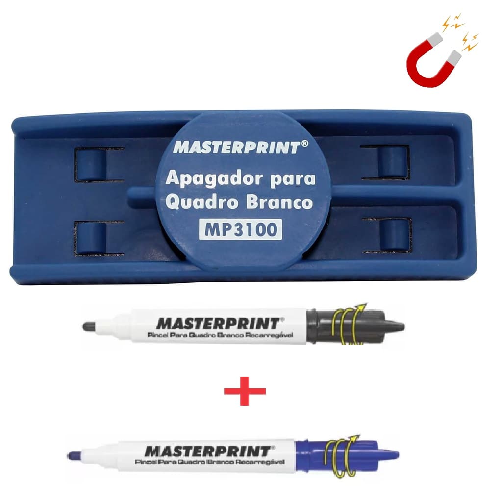 Apagador Magnético + 2 Canetas P/ Quadro Branco Masterprint