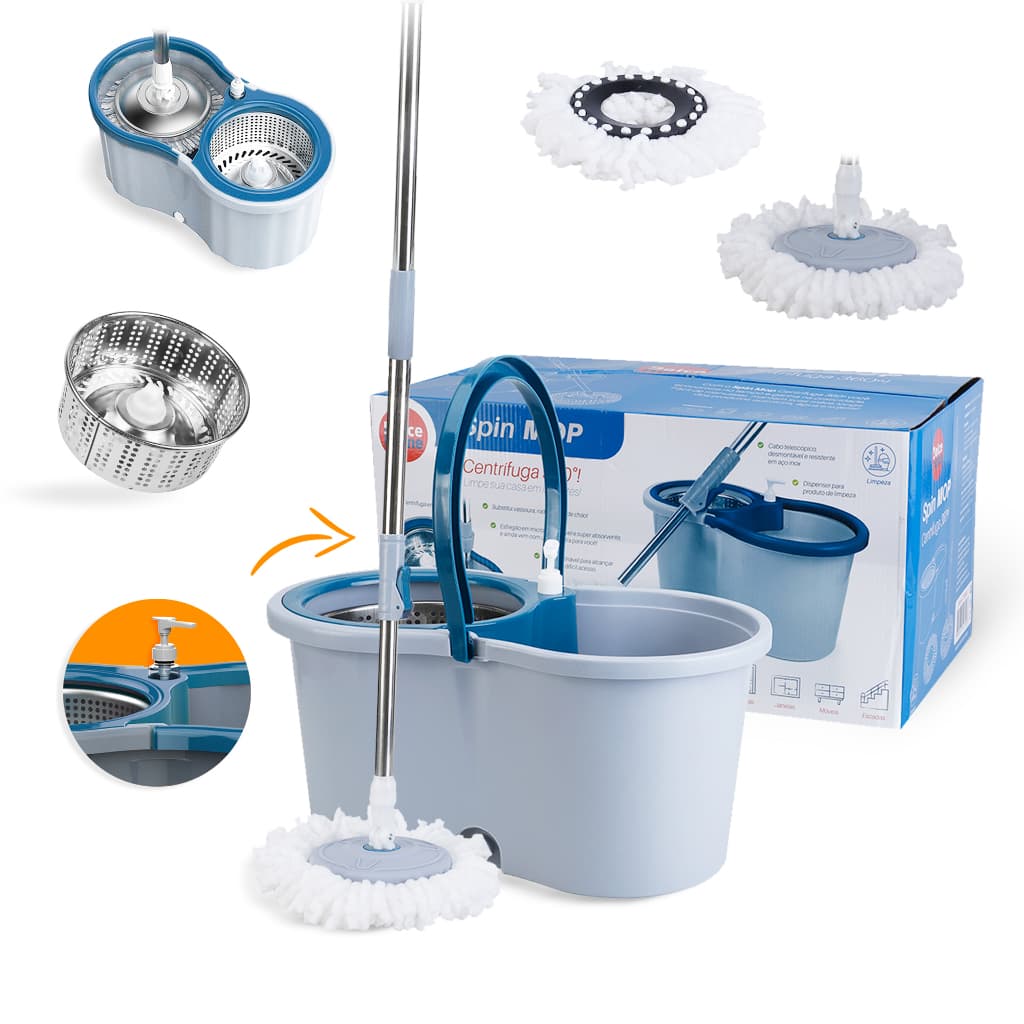 Mop 14 Litros Cabo 140 Cm + 2 Refis  Com Cesto Em Inox  + Dispenser  e Rodas - Azul