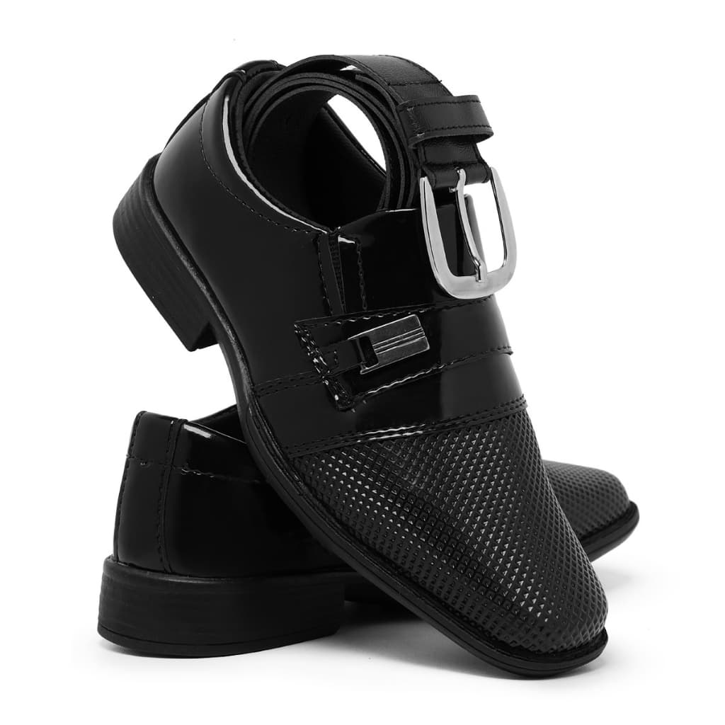 Kit Sapato Social Infantil Masculino Pajem Cinto 448 Preto e Marrom Casamento Verniz