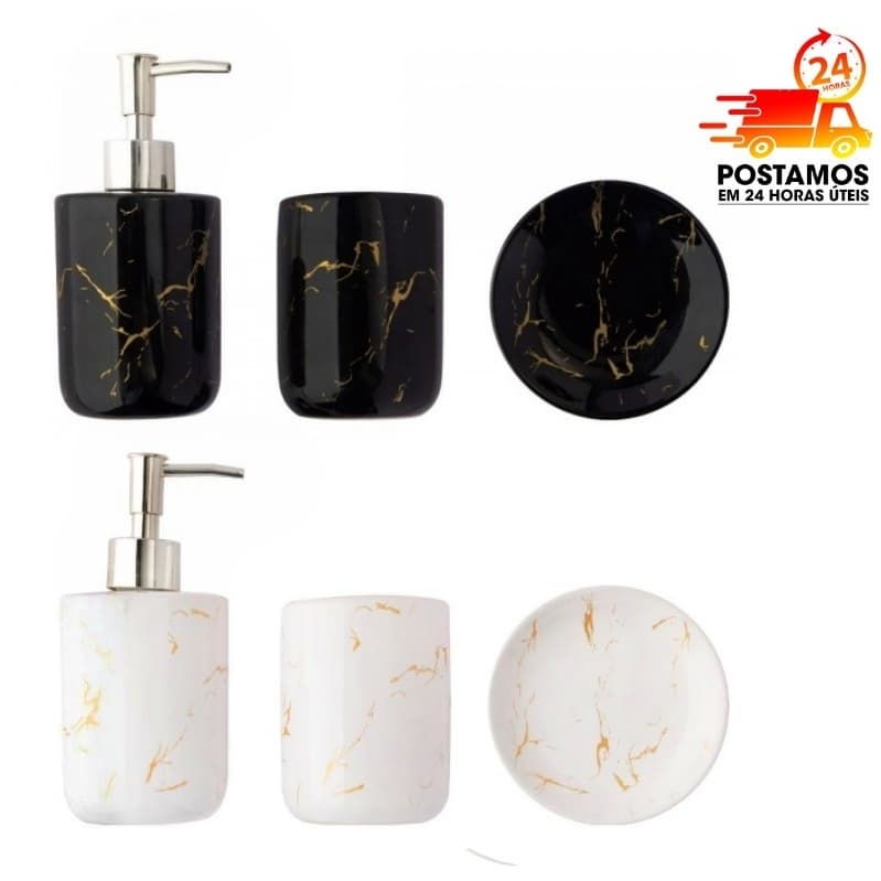 Conjunto kit de cerâmica 3 peças marmorizado banheiro  lavabo - Saboneteira porta sabonete liquido porta escovas