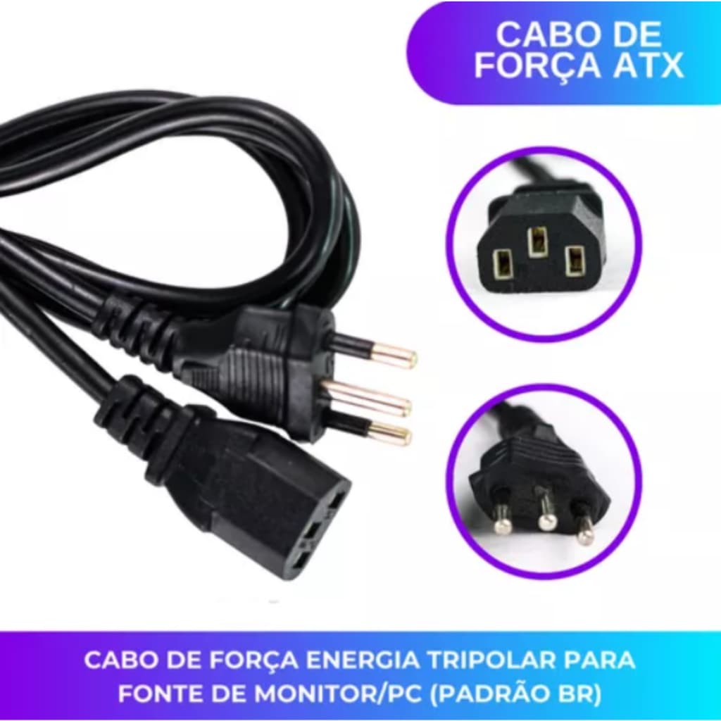 Cabo De Força Cpu Atx Computador Pc Monitor 3 Pinos novo padrão