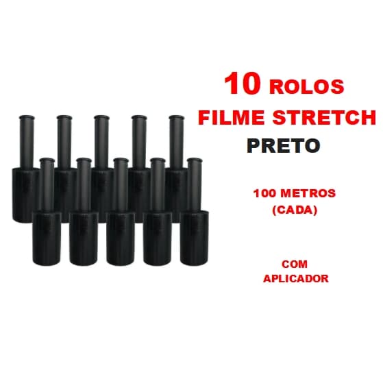 10 Rolos Filme Stretch PRETO C/ Cabo Adaptador (10cm) 100 Metros (cada)