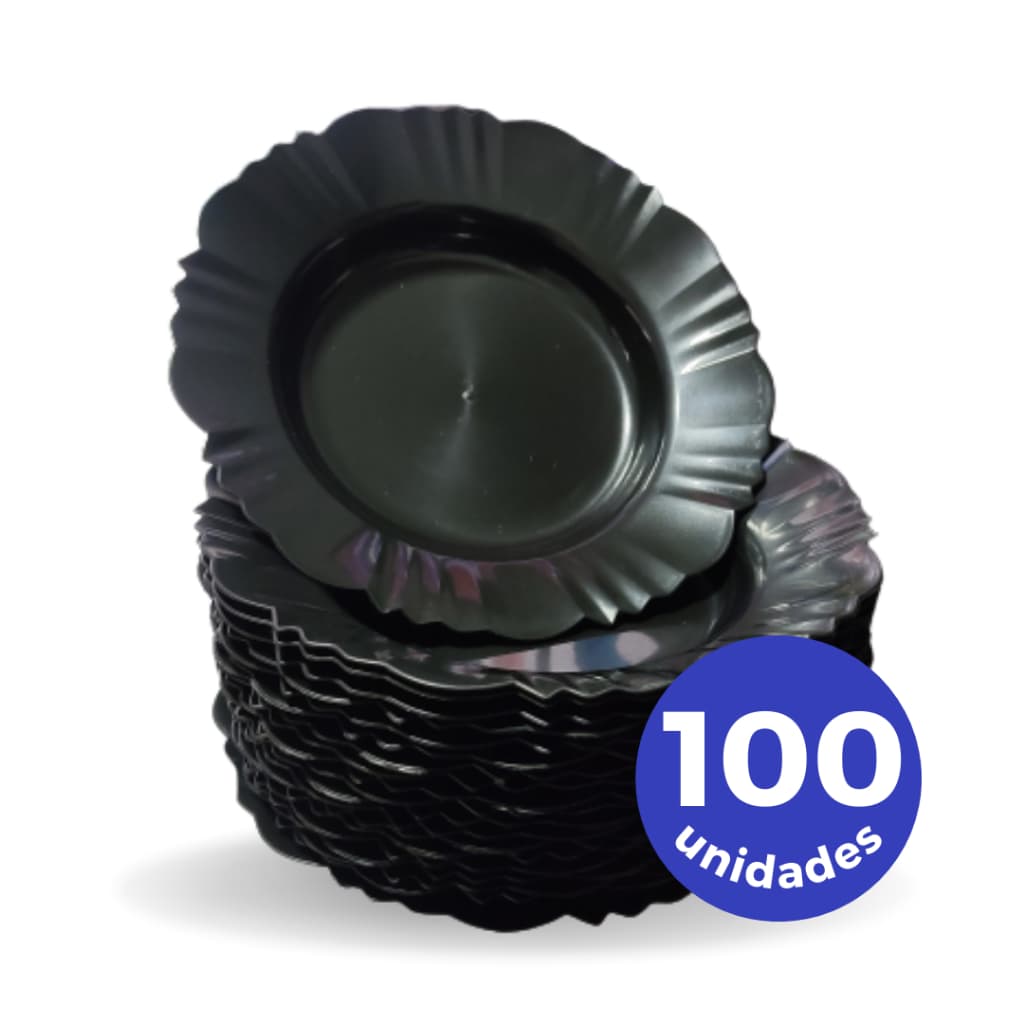 Kit 30 a 100 prato pétala fundo com borda PRETO para refeição churrasco festa jantar redondo plastico