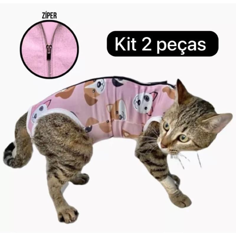 kit 2 Roupas Para Gato Pós Cirúrgica Castração com Proteção UV