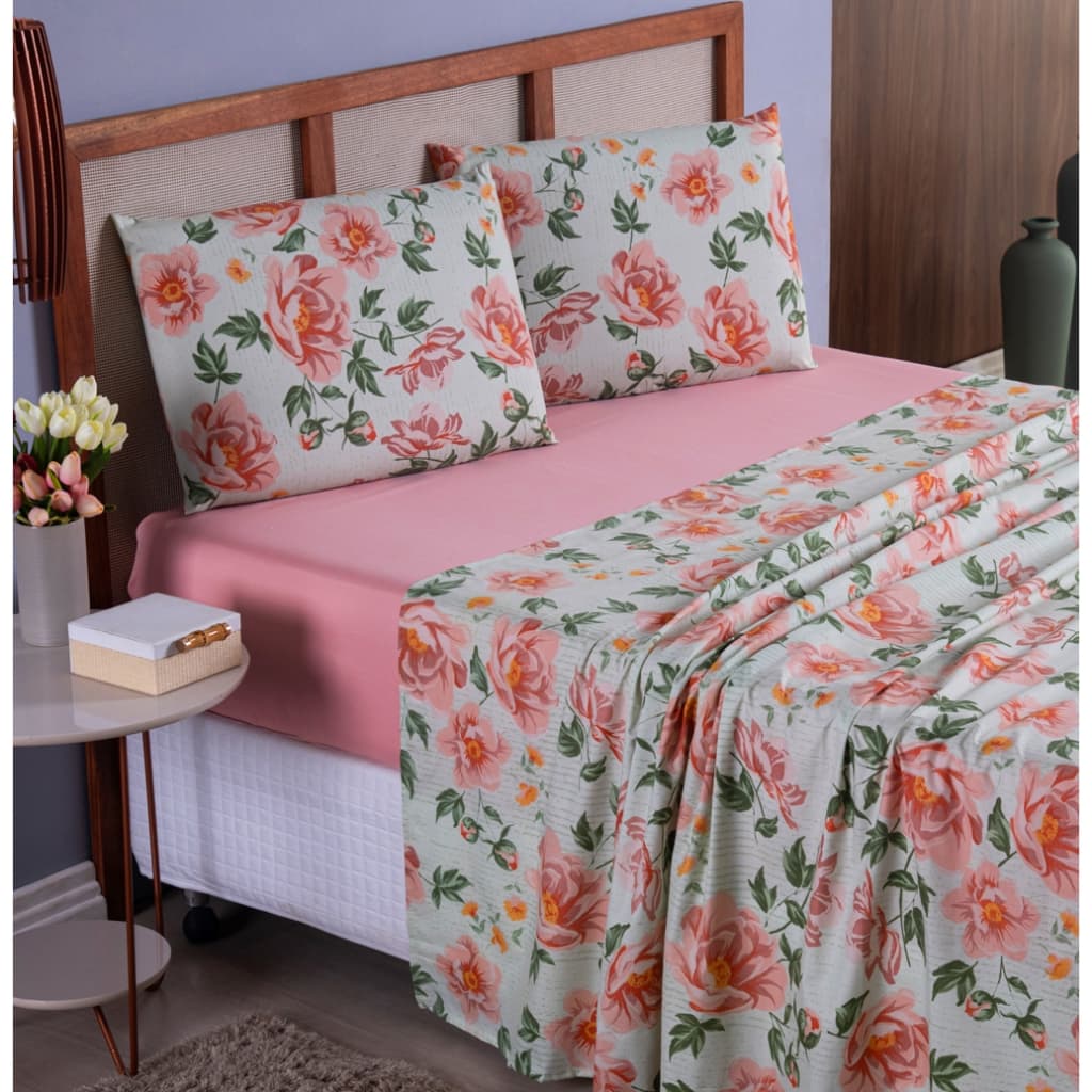 Jogo de Lençol Casal Padrão 400 Fios 4 Peças - Com Elástico Estampados - Toque Acetinado Extra Macio