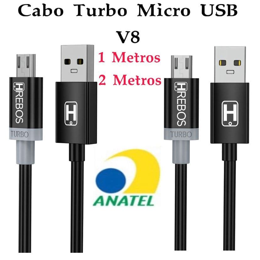Cabo V8 Turbo 3.1A Carregamento Rápido  Preto – Micro USB V8. – 1 e 2 M HRebos original  HS-25 HS-99 026V