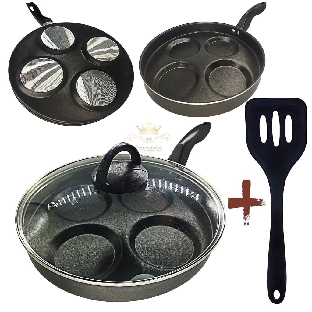 Frigideira 26 cm Divisória 4 Ovos Hambúrguer Com Tampa de Vidro com Espátula Antiaderente Cor Preta 4 em 1 Grossa Resistente Ovo Bacon Menos Óleo Teflon