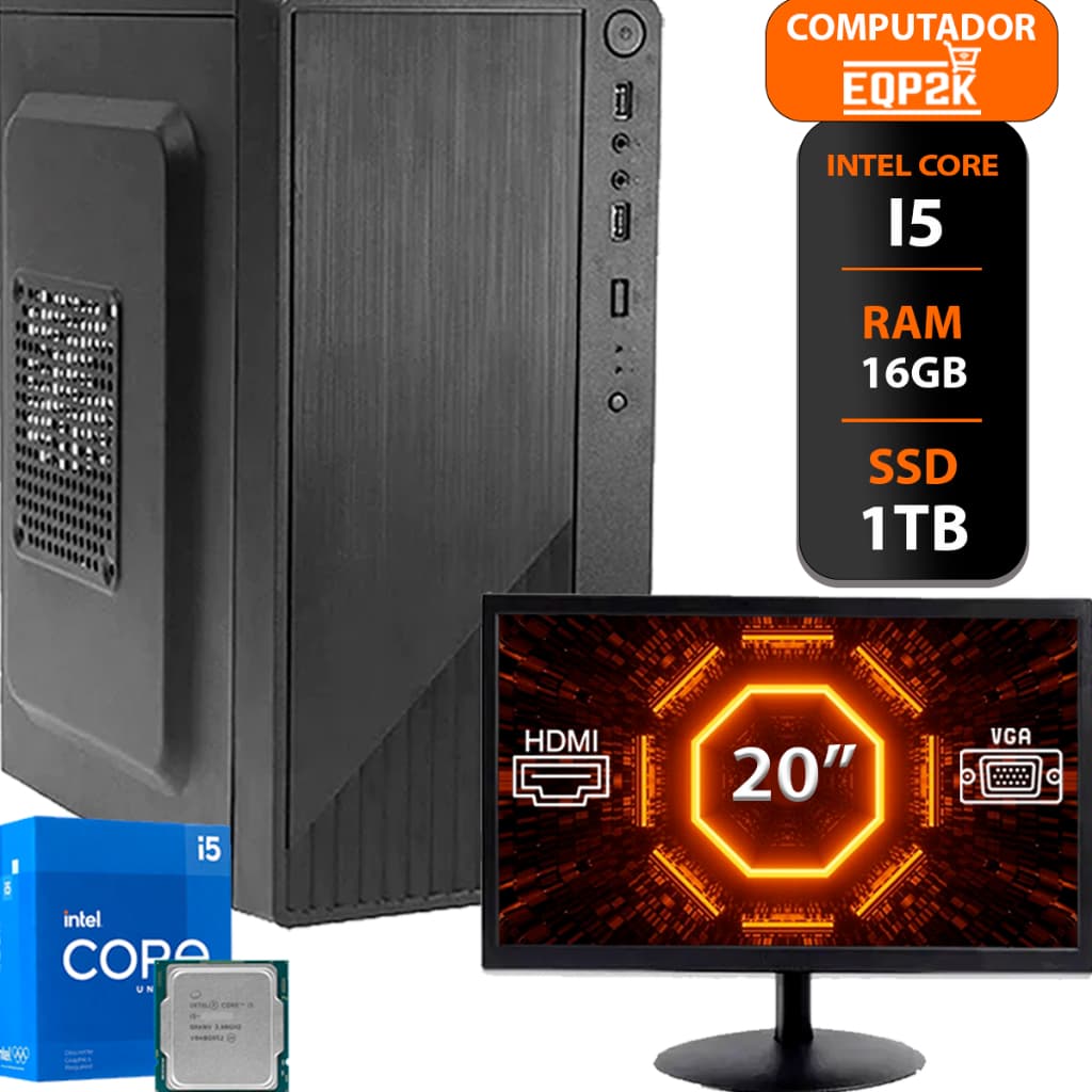 Computador Intel I5 Ssd 1tb 16gb Memória Ram Monitor 20