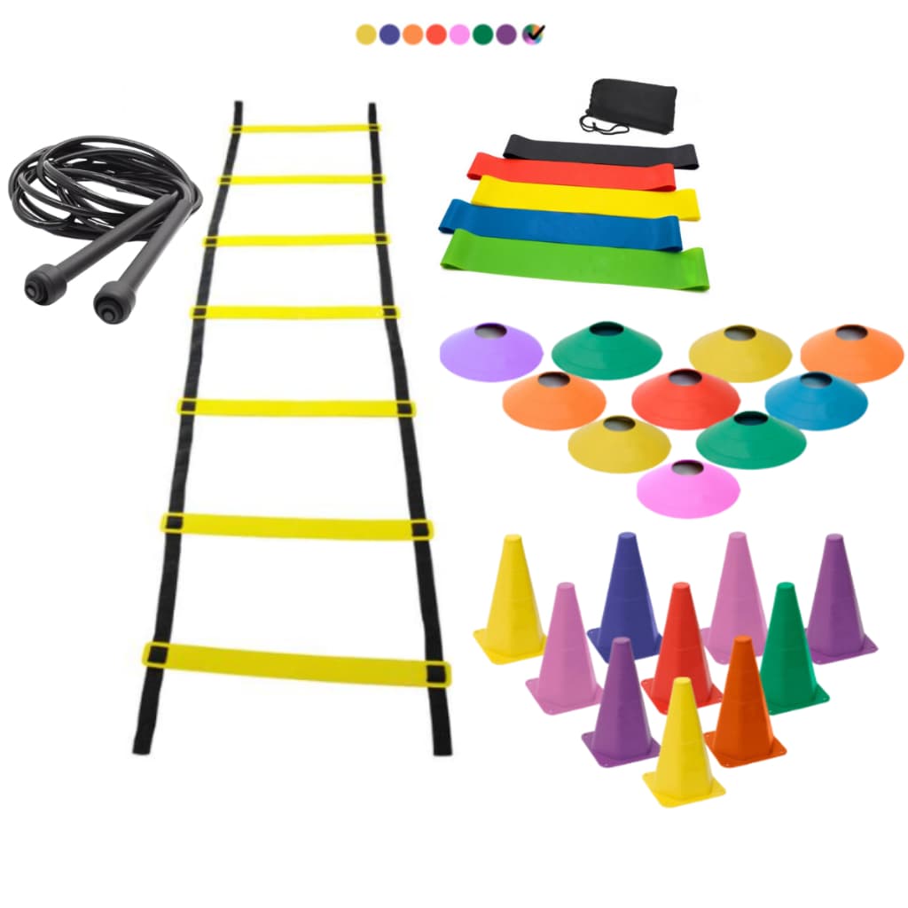 Kit Treino Funcional Agilidade Escada 7 Degraus 10 Cones 10 Chapéus 1 Kit 5 Mini Band 1 Corda Pvc