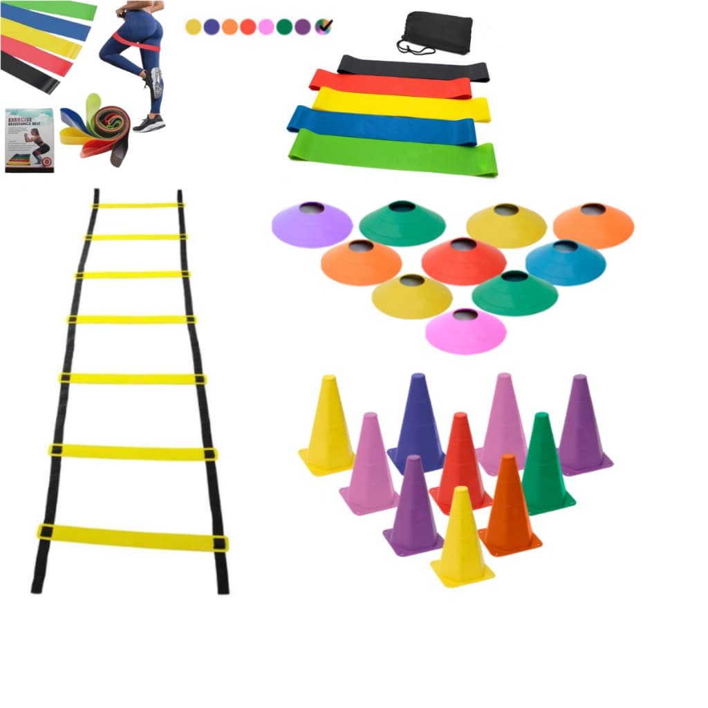 Kit Funcional Treino Agilidade 10 Cones 10 Chapeus Chines Escada 7 Degraus 1 Kit 5 Faixas Mini Bands