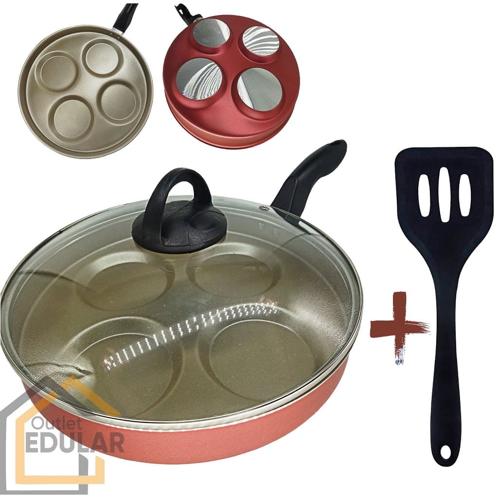 Frigideira 26 cm Divisória 4 Ovos Hambúrguer Tampa de Vidro e Espátula Antiaderente Cor Cereja Gold