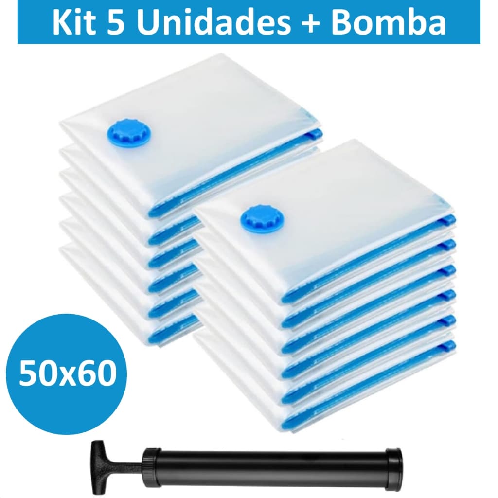 Kit 5 Sacos a Vácuo Hermético 50x60cm Edredom Toalhas Roupas + Bomba