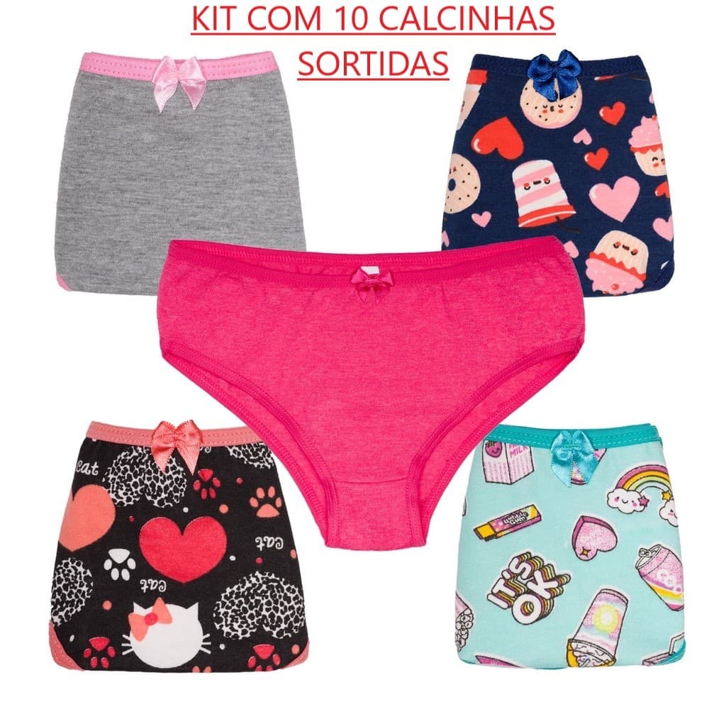 Kit 10 Calcinhas Infantil Sortida Algodão Cotton Menina Peças Sortidas Estampada Lisa Juvenil