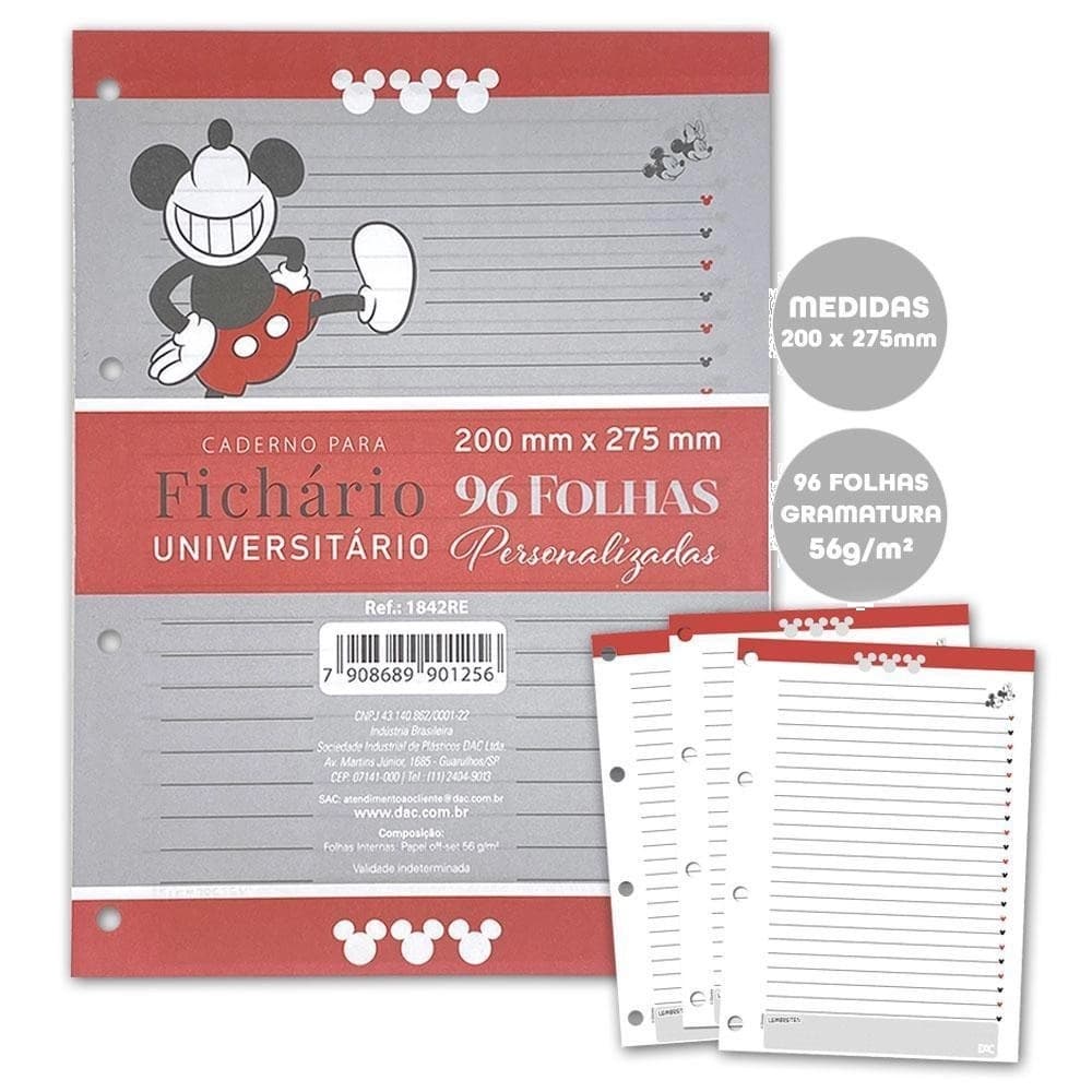 Refil Fichário Universitário grande - Mickey Minnie - 96 Fls - DAC - caderno argolado de 4 furos