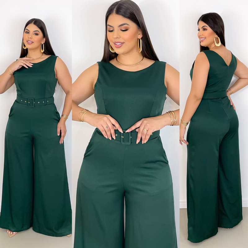 Macacão Pantalona Longo Feminino Com Cinto Coberto Moda Evangélica Social e Plus Size Para Formatura e Casamento P ao 54