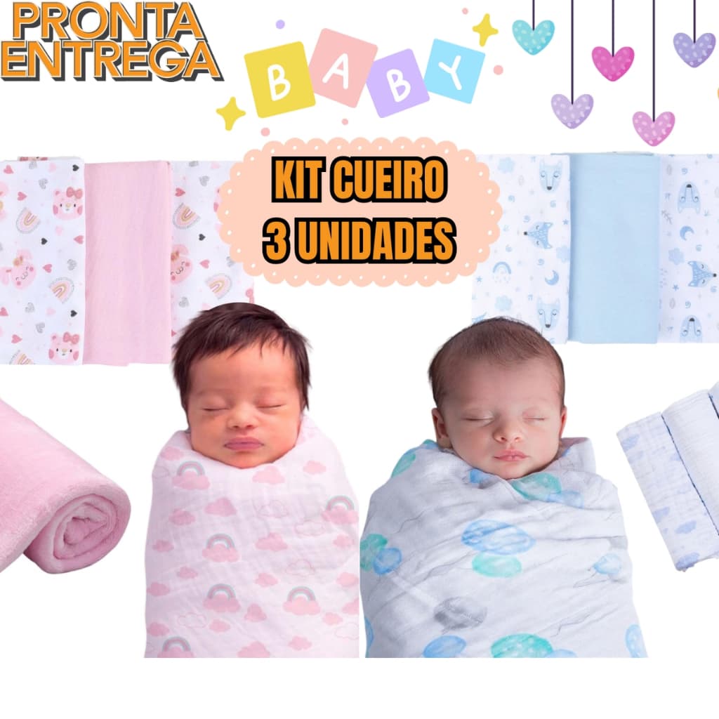 Kit 3 Cueiro Flanelado Estampado 50 x 80 Infantil Enxoval Bebê Menino Menina Rosa E Azul