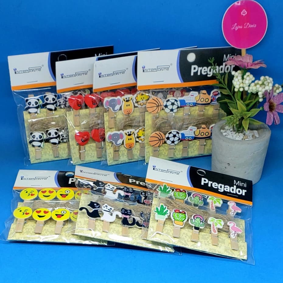 Kit 10 Mini Pregador Prendedor Madeira Decorado para Fotos ou Recados