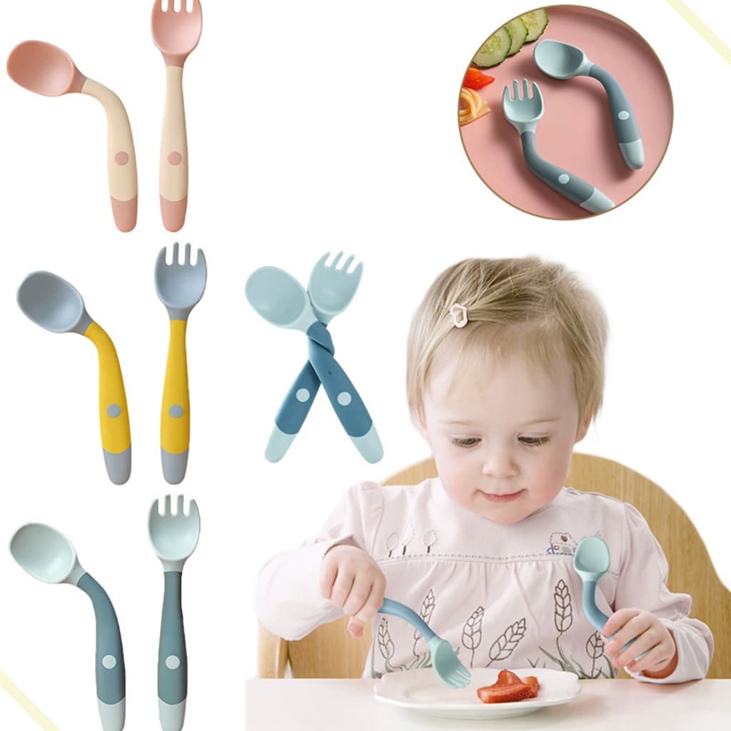 Kit Alimentação Bebê Silicone Colher Garfo Resistente para Bebe Cabo Flexível Treinamento Infantil introdução alimentar