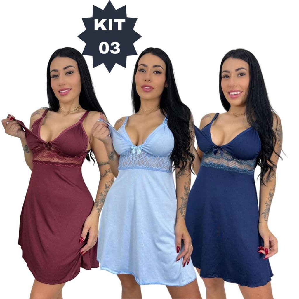 KIT 03 Camisolas Amamentação com Detalhe em Renda Saída Maternidade Grávida Gestante Lactante.