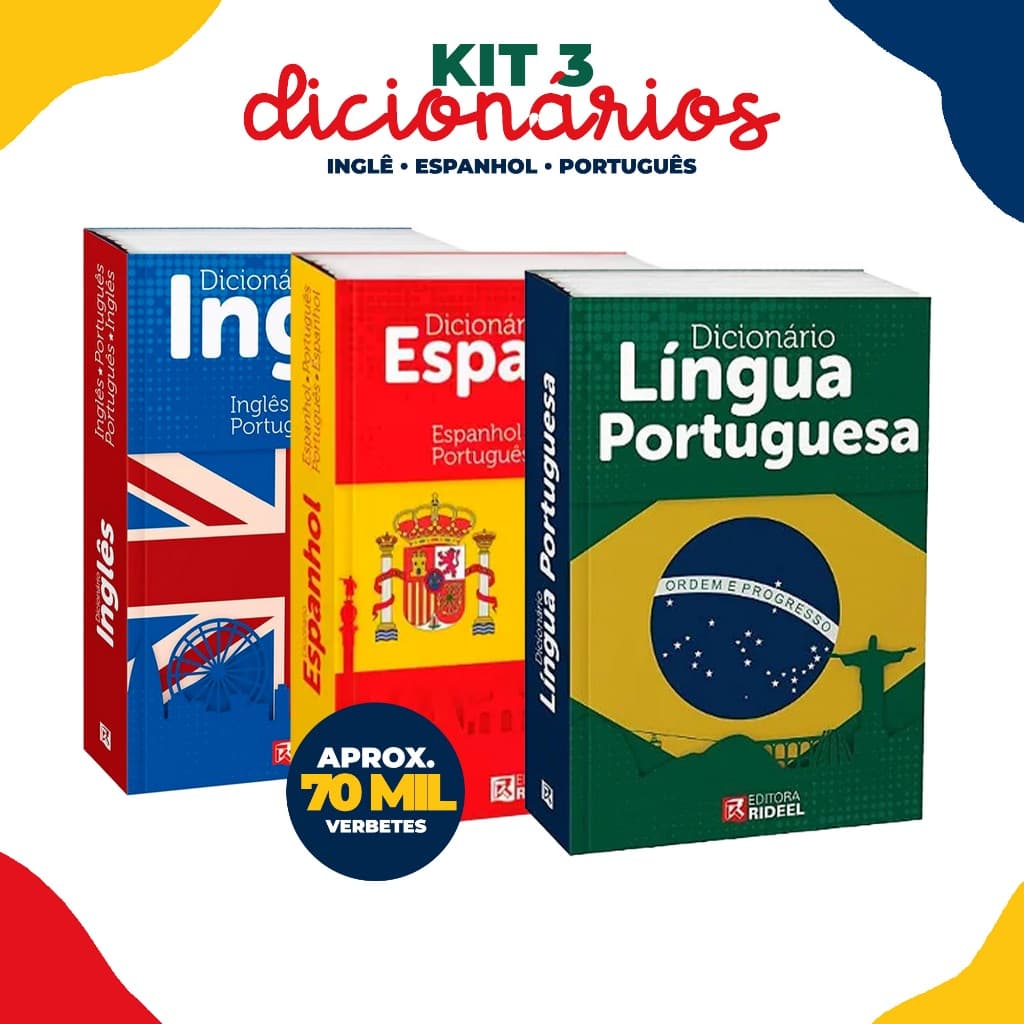 Mini Dicionário Kit 3 Dicionários Português Espanhol Inglês de Bolso Escolar