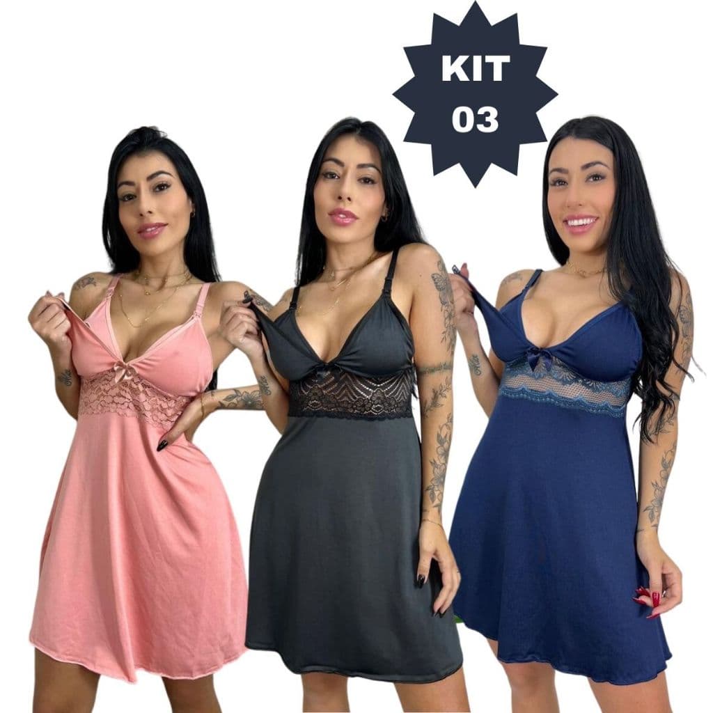 KIT 03 Camisolas Amamentação com Detalhe em Renda Saída Maternidade Grávida Gestante Lactante.