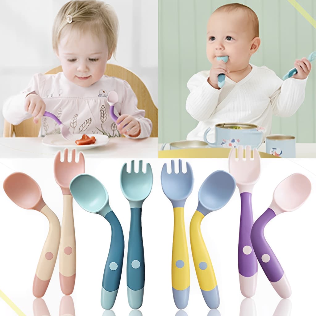Colher Flexível para Bebê Kit Talher Bebe Garfo Silicone Infantil Dobrável Introdução Alimentar Treinamento silicone