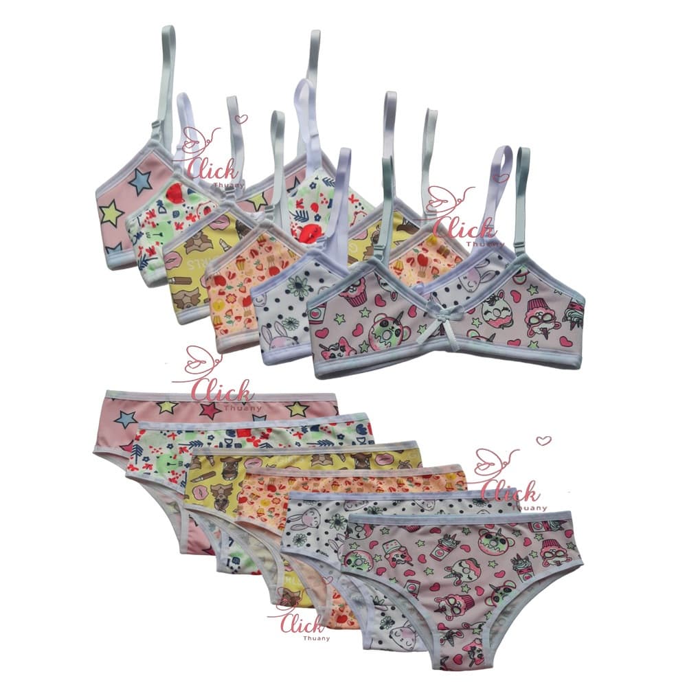 Kit 3 Conjuntos Sutia Espuma Sem Bojo e Calçinha Menina Moça Infantil Estampados