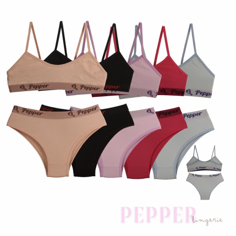 Kit 5 Conjuntos Juvenil para Pré Adolescente Lisos Calcinha e Sutiã Algodão 8% - PEPPER LINGERIE