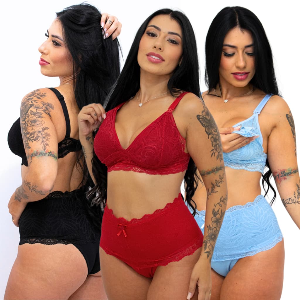 Kit 3 Conjuntos Amamentação Sutiã E Calcinha Gestante Pós Parto Fácil de Amamentar