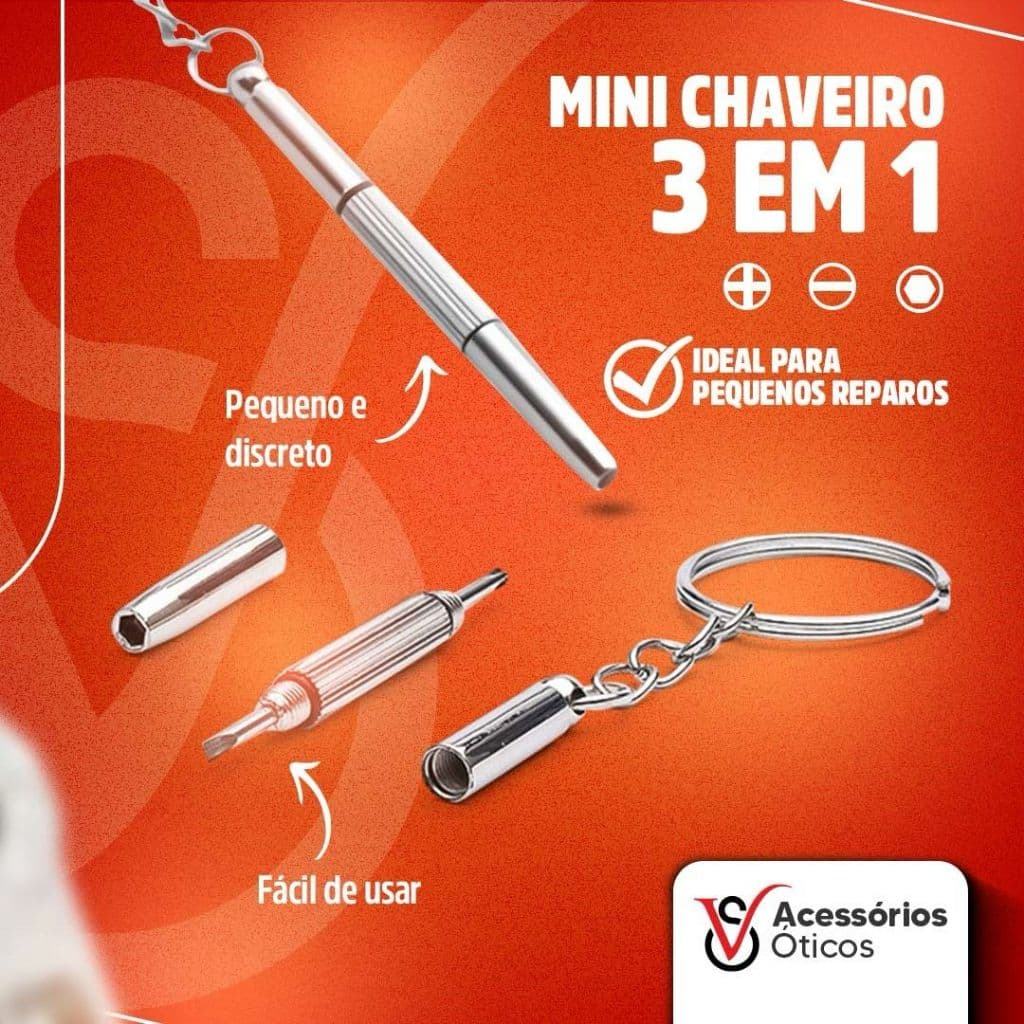Mini Chaveiro 3 em 1 – Ferramenta para Reparo de Óculos | Fenda, Philips e Porca