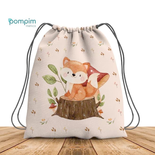 Kit Mochilinha Saco Bosque Encantado de tecido personalizado. Saquinho Surpresa para festas e aniversários.