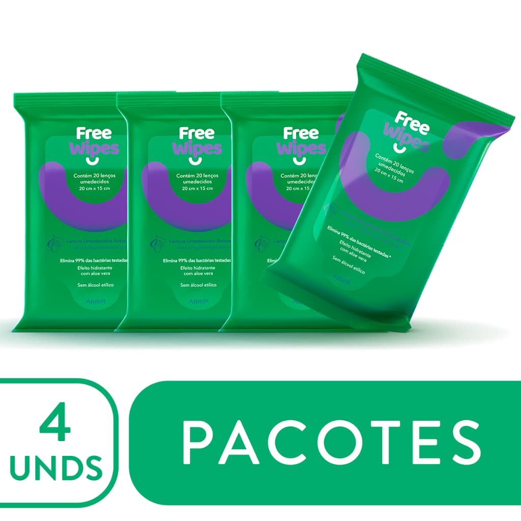 Free Wipes Lenços Umedecidos Antissépticos - Kit com 4