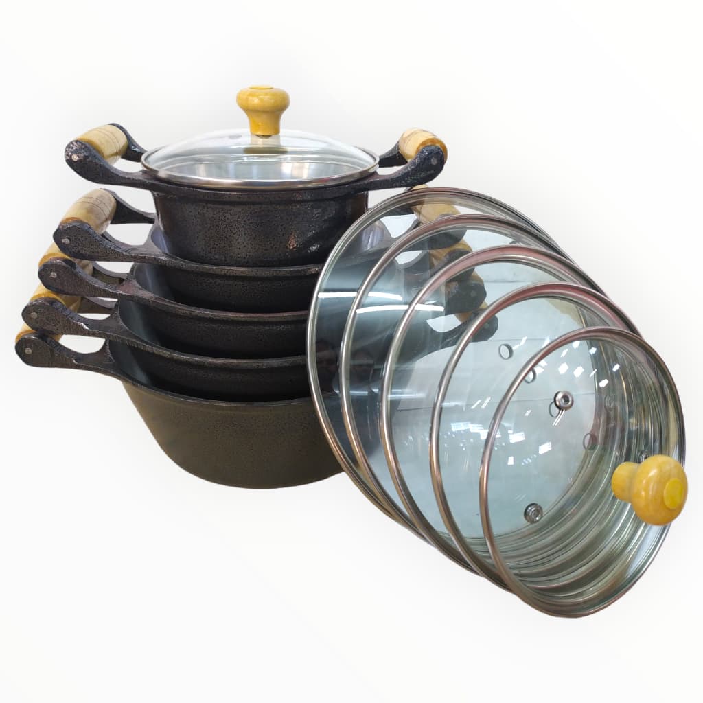 Jogo de Panelas Alumínio Batido Preto Com Tampas de Vidro Conjunto pra sua Cozinha