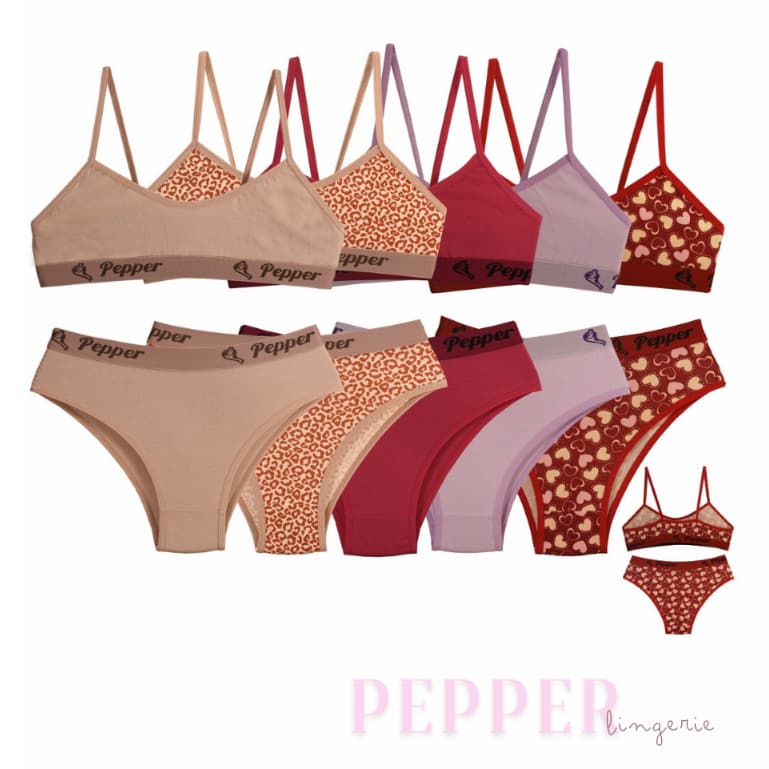 Kit 5 Conjuntos Juvenil Adolescente Estampadas e Lisas Algodão 8% Calcinha e Sutia - Pepper Lingerie