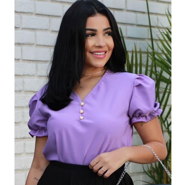 Blusa social com pérolas e manga bufante (liso e estampado)